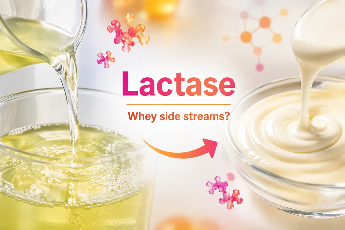 Pale whey side stream poured into a glass, next to a creamy dairy base made from lactase-treated whey