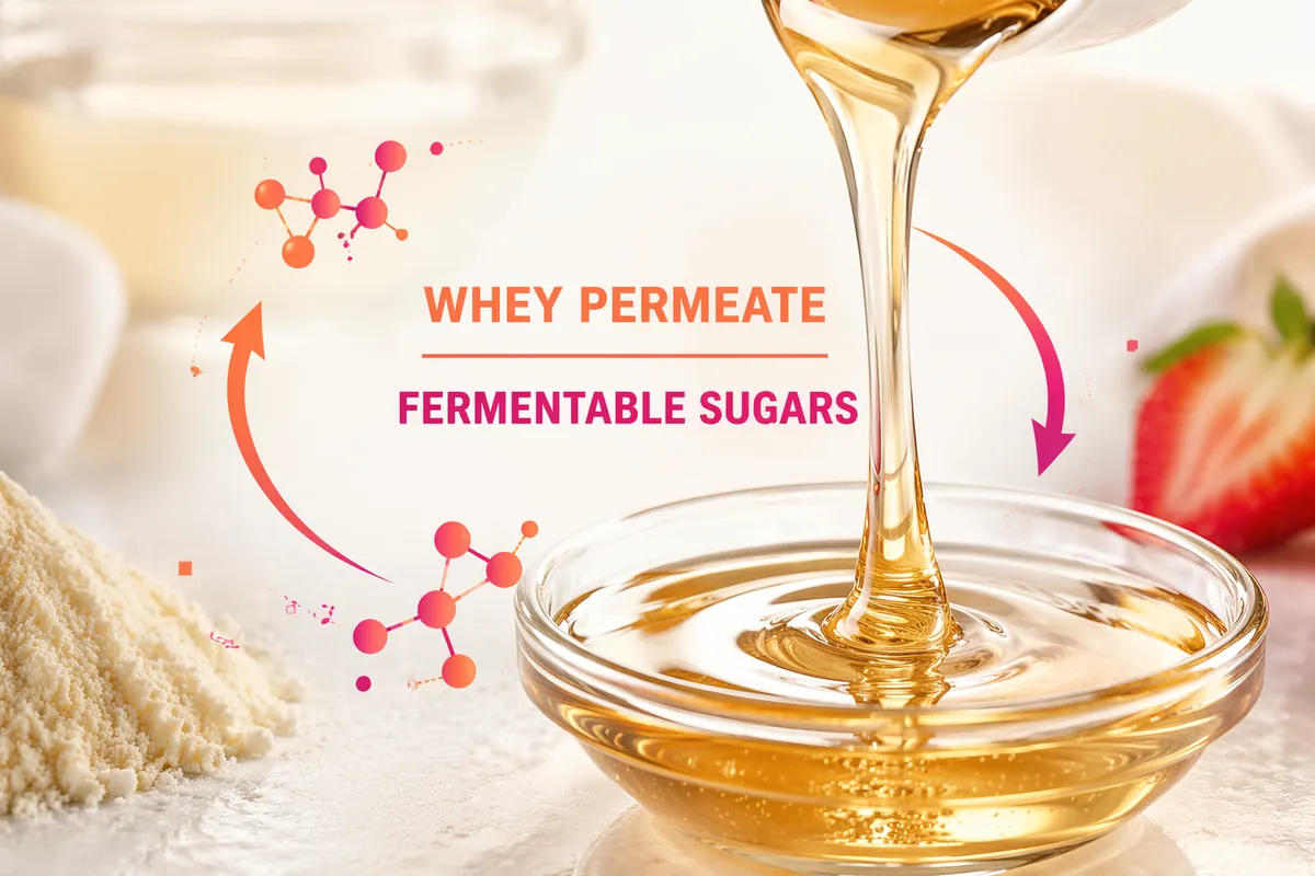 Golden permeate syrup pouring into a glass bowl next to a heap of dried whey permeate powder, showing permeate turned into fermentable sugars